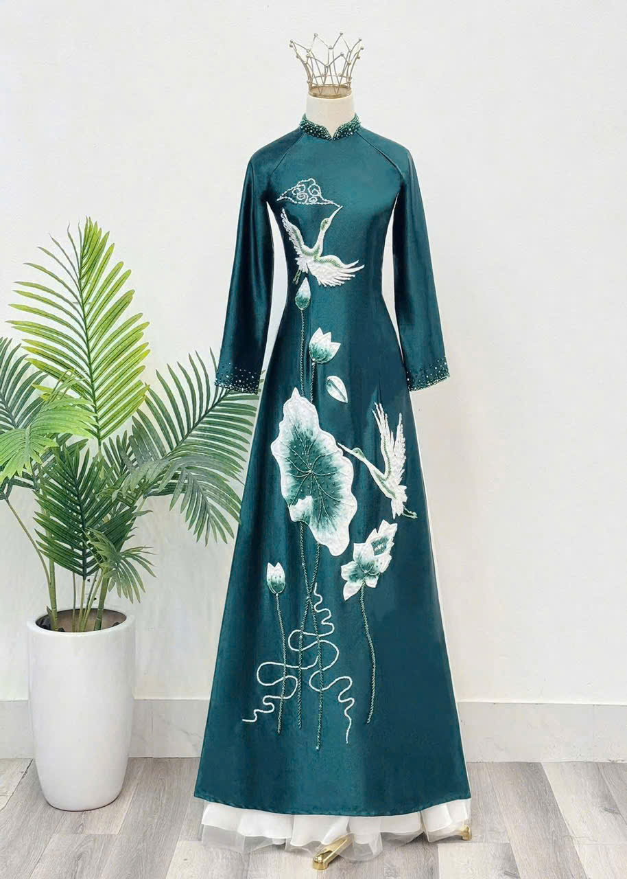 Áo Dài Bà Sui Lụa Cao Cấp Họa Tiết Hạc Phối Hoa Sang Trọng