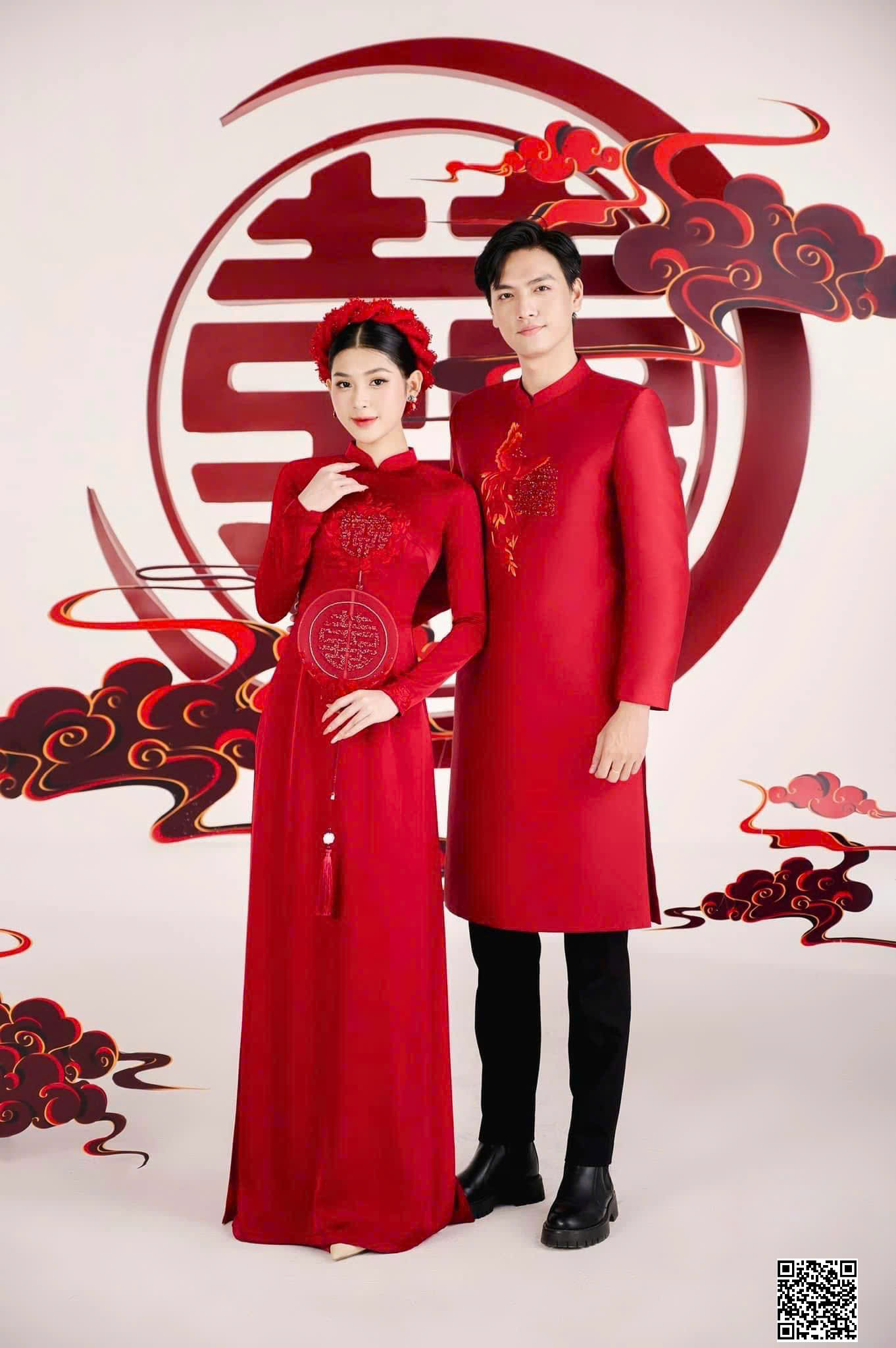 Áo Dài Cưới Họa Tiết Song Hỷ Cách Điệu