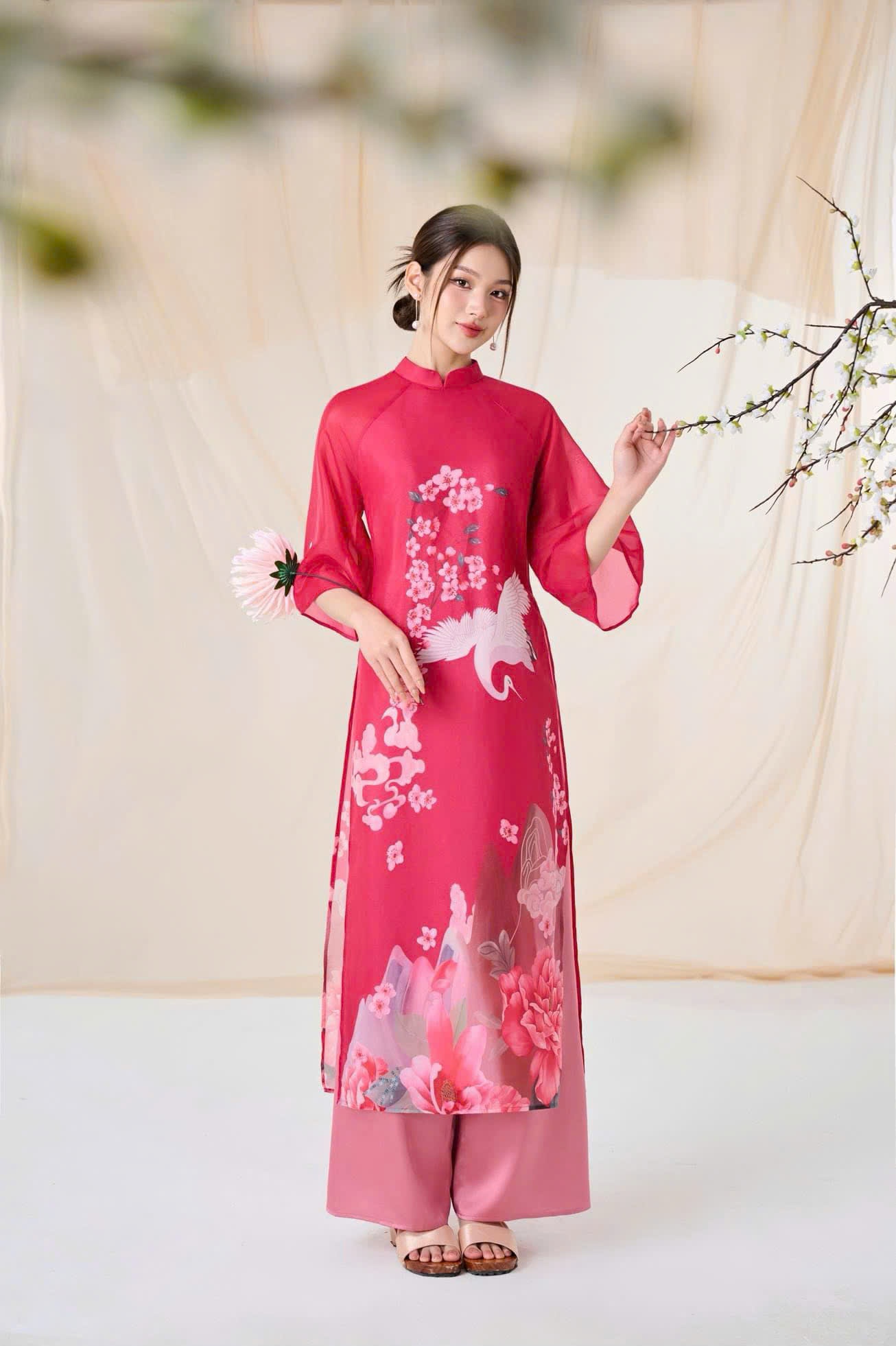 Áo Dài Cách Tân Voan Tơ In 3D Xinh Xắn