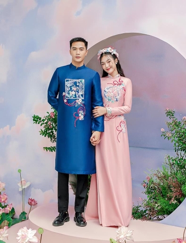 Áo Dài Cưới Cặp Đôi Họa Tiết Thêu Đôi Hạc Uyên Ương Cách Điệu