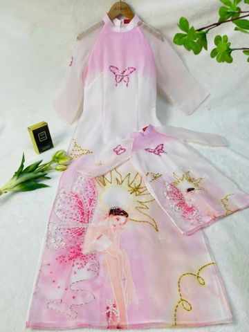 Áo Dài Mẹ Bé Voan Tơ Họa Tiết Thiên Thần