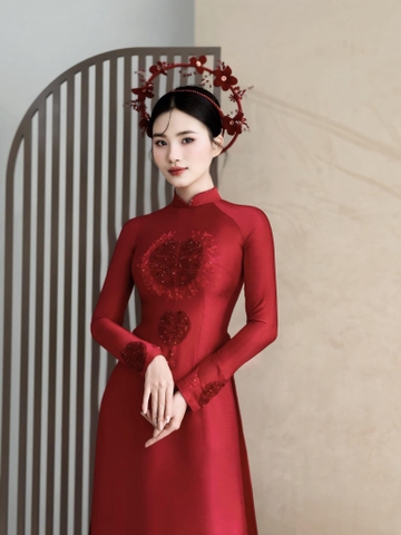 Áo Dài Cô Dâu Lụa Đỏ Họa Tiết Song Hỷ Cách Điệu