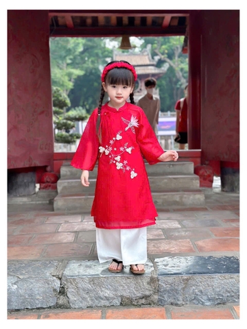 Áo Dài Voan Tơ Hoa Đào Xinh Xắn Bé Gái