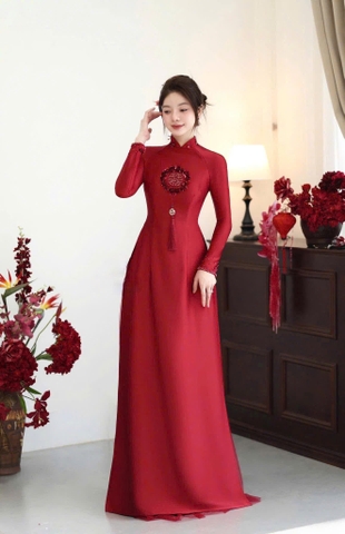 Áo Dài Cô Dâu Họa Tiết Hỷ Phối Hoa Trẻ Trung