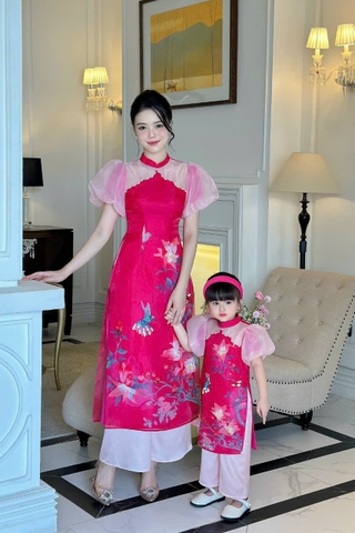 Áo Dài Cách Tân Mẹ Bé Voan Tơ Tay Phồng