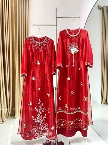 Áo Dài Bà Sui Tơ Xước Đính Kết Trẻ Trung Hiện Đại
