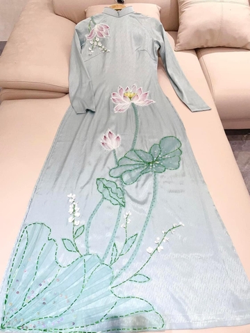 Áo Dài Truyền Thống Đính Đá Họa Tiết Hoa Sen