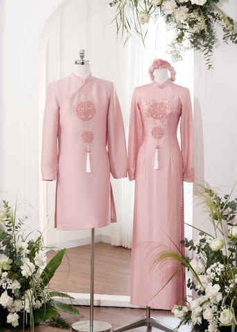 Áo Dài Cưới Cặp Đôi Chữ Hỷ Màu Hồng Ngọt Ngào
