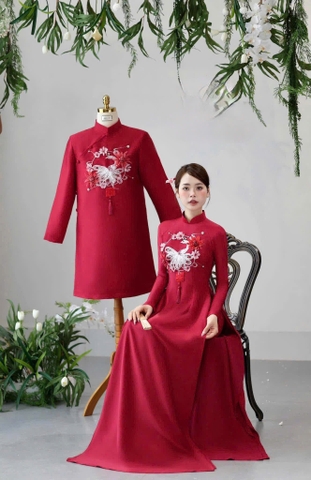 Áo Dài Cưới Họa Tiết Chim Công Phối Hoa Sang Trọng