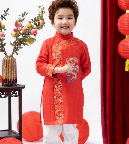Áo Dài Bé Trai Phối Gấm Thêu Rồng
