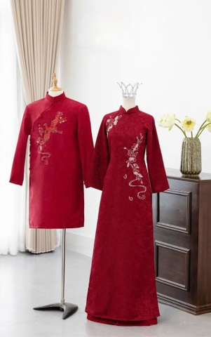 Áo Dài Cưới Họa Tiết Chim Hạc Phối Hoa Sang Trọng