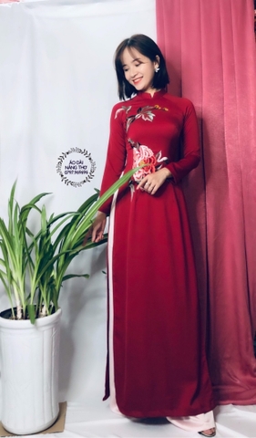Áo Dài Truyền Thống Lụa Tơ Tằm Đỏ Họa Tiết Nụ Tấm Xuân