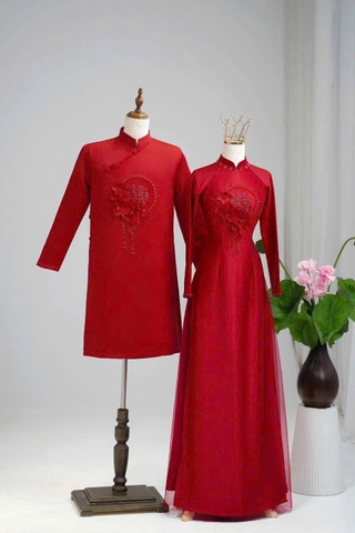 Áo Dài Cưới Họa Tiết Chữ Hỷ Phối Hoa Cách Điệu