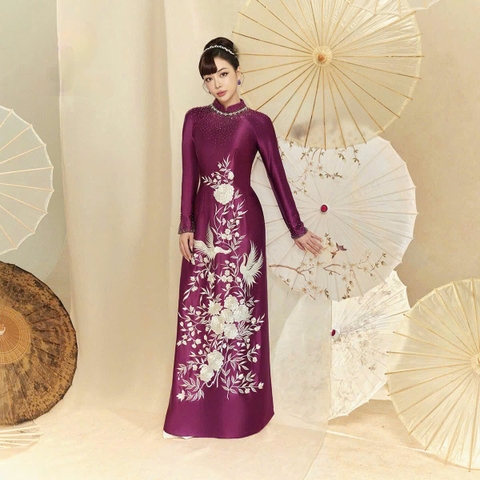 Áo Dài Bà Sui Lụa Cao Cấp Họa Tiết Hạc Sang Trọng