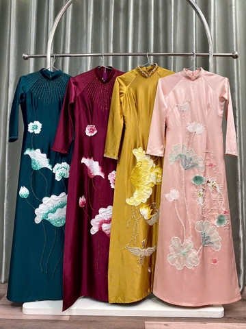 Áo Dài Bà Sui Lụa Cao Cấp Thêu Họa Tiết Sen Sang Trọng
