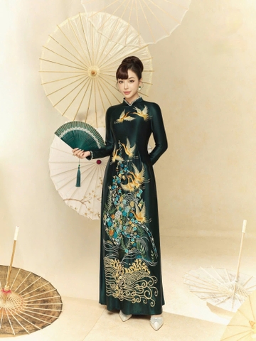 Áo Dài Bà Sui Lụa Cao Cấp Họa Tiết Hạc Phối Hoa Sang Trọng