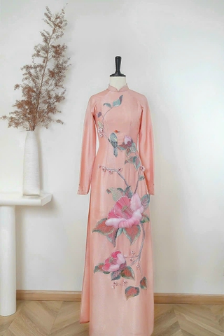Áo Dài Truyền Thống Lụa Hồng Thêu Hoa Sen Duyên Dáng