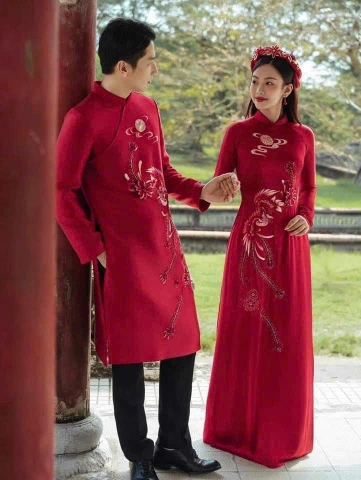 Áo Dài Cưới Họa Tiết Thêu Uyên Ương Sang Trọng